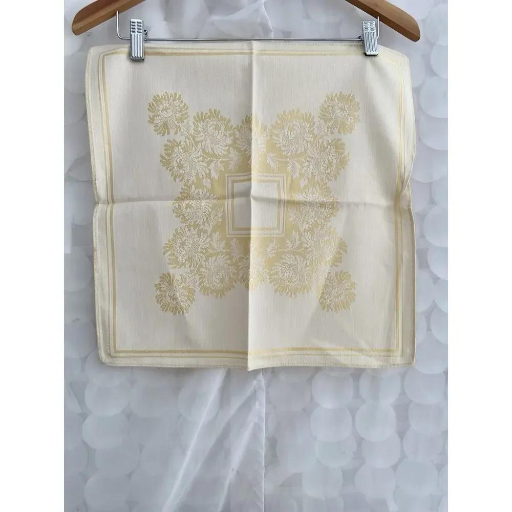Vintage MCM Double Damask Yellow Napkins Chrysanthemums Floral Set Of 8